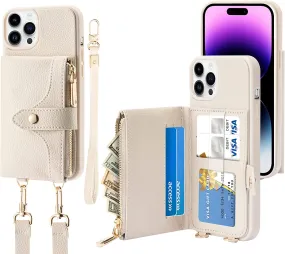 iPhone 14 Pro Max Wallet Case, PU Leather Shockproof Crossbody 6.7 Inch-Ivory