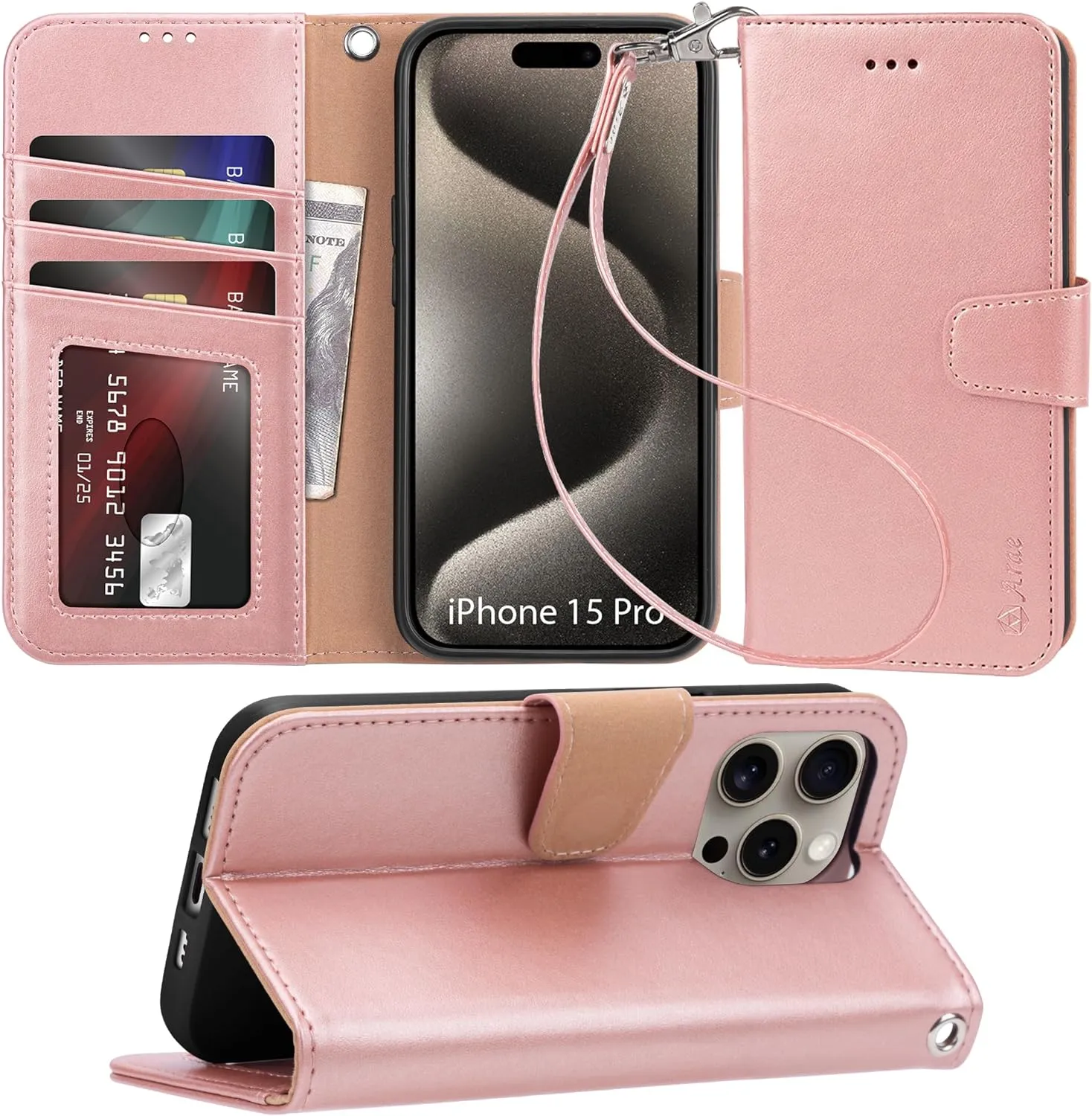 iPhone 15 Pro Case Card Holder Wrist Strap Wallet Flip Cover Rose Gold