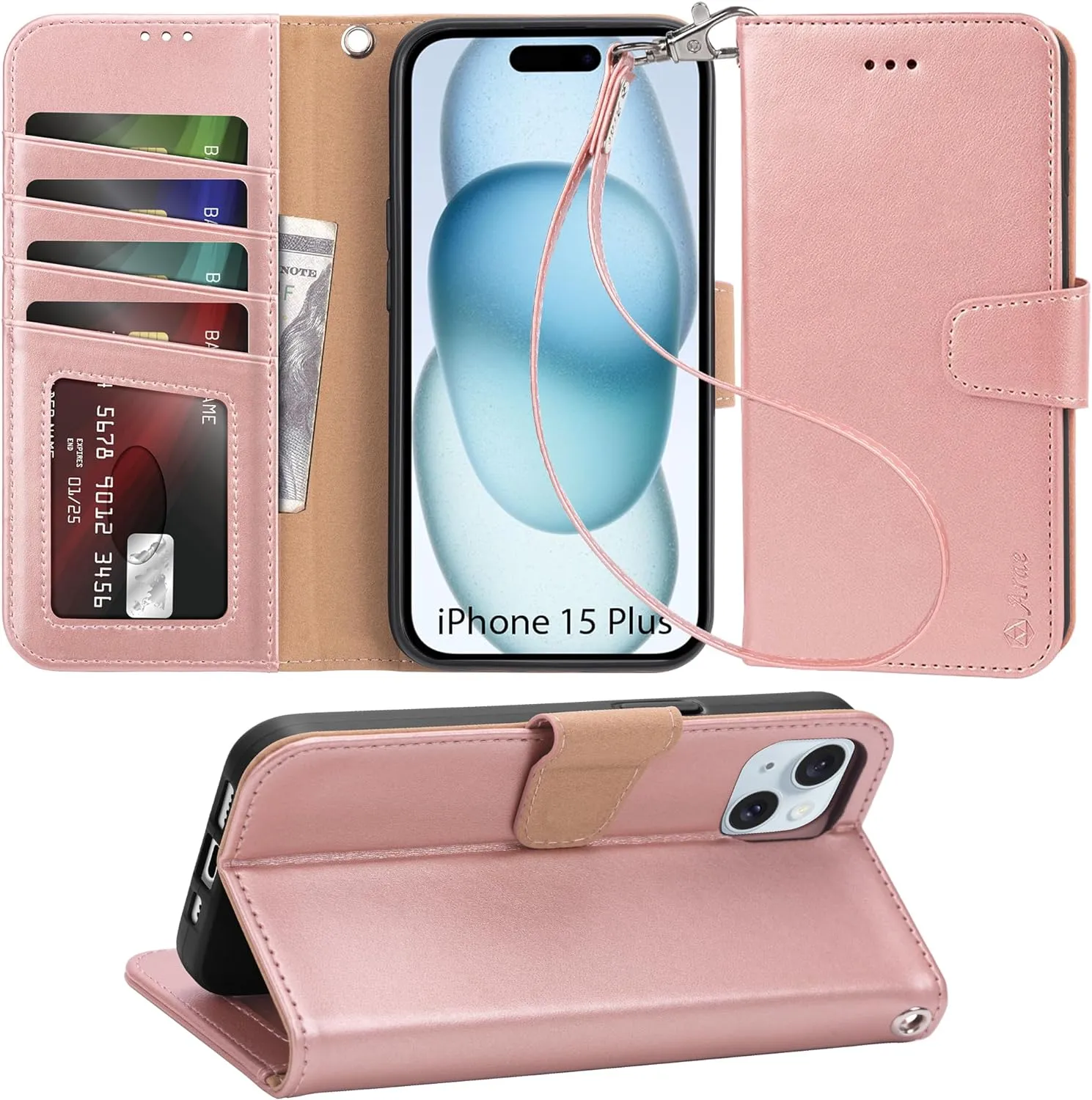 iPhone 15 Pro Case Card Holder Wrist Strap Wallet Flip Cover Rose Gold