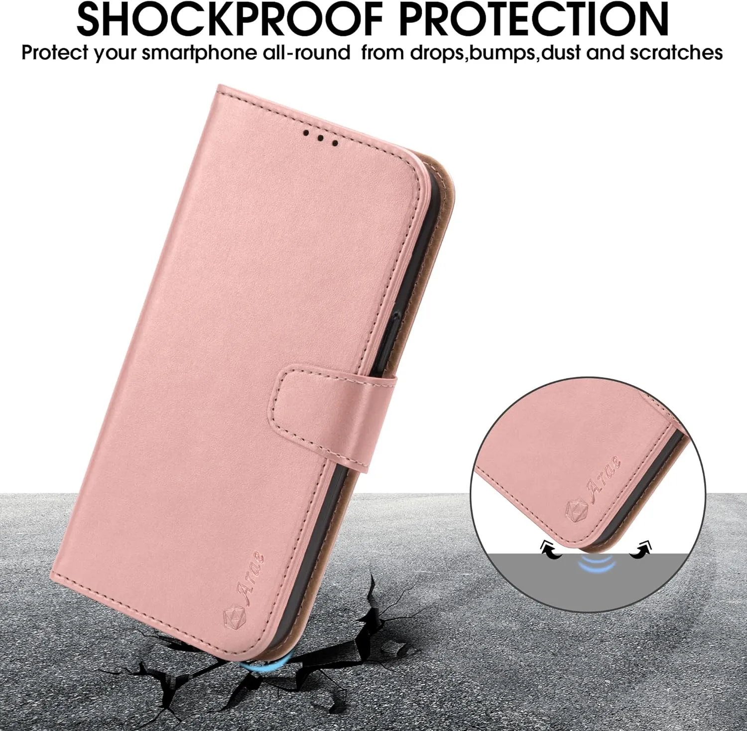 iPhone 15 Pro Case Card Holder Wrist Strap Wallet Flip Cover Rose Gold