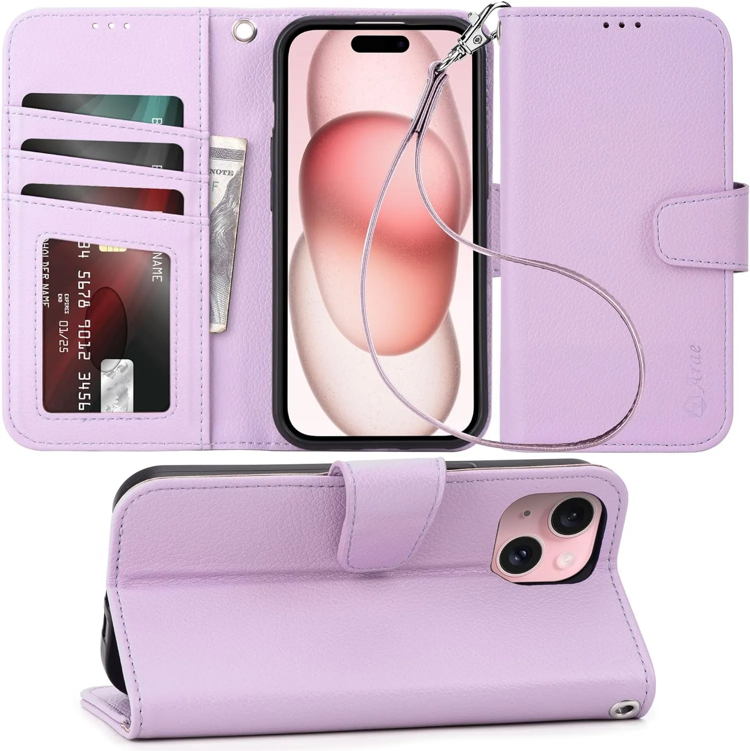 iPhone 15 Pro Case Card Holder Wrist Strap Wallet Flip Cover Rose Gold