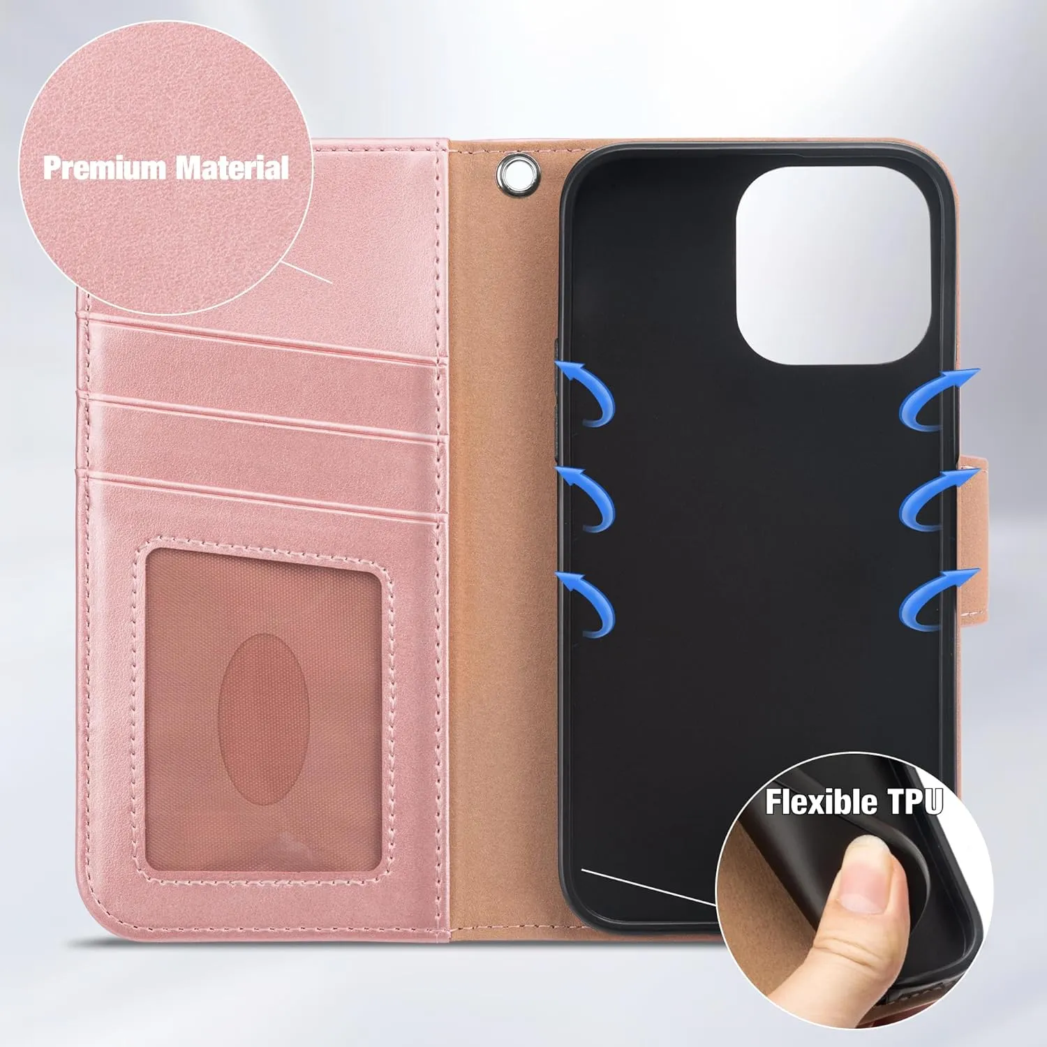 iPhone 15 Pro Case Card Holder Wrist Strap Wallet Flip Cover Rose Gold