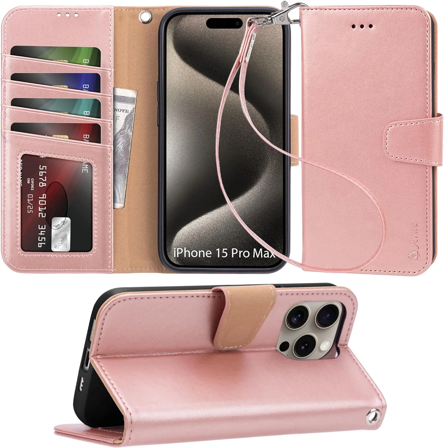 iPhone 15 Pro Case Card Holder Wrist Strap Wallet Flip Cover Rose Gold