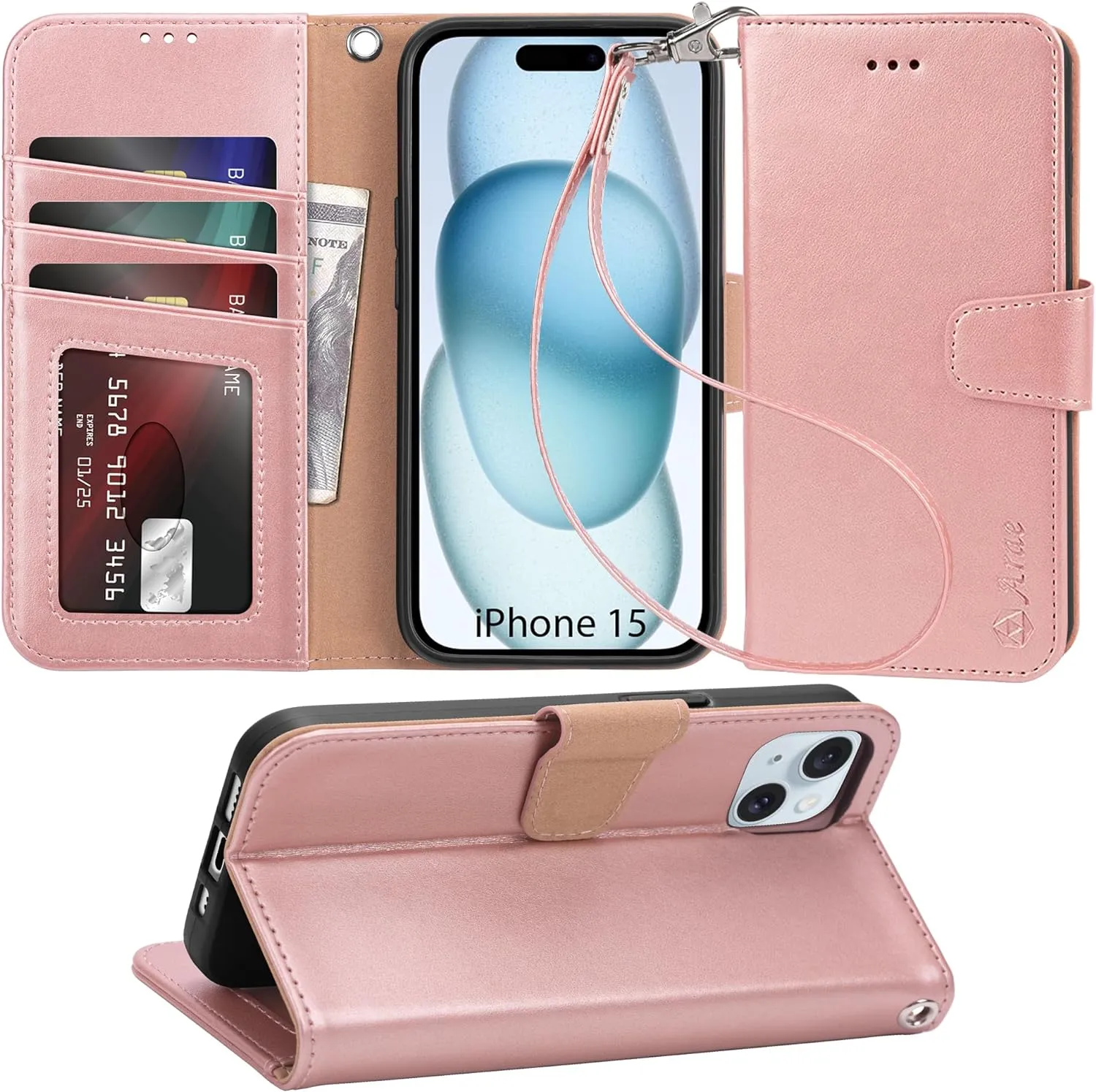 iPhone 15 Pro Case Card Holder Wrist Strap Wallet Flip Cover Rose Gold