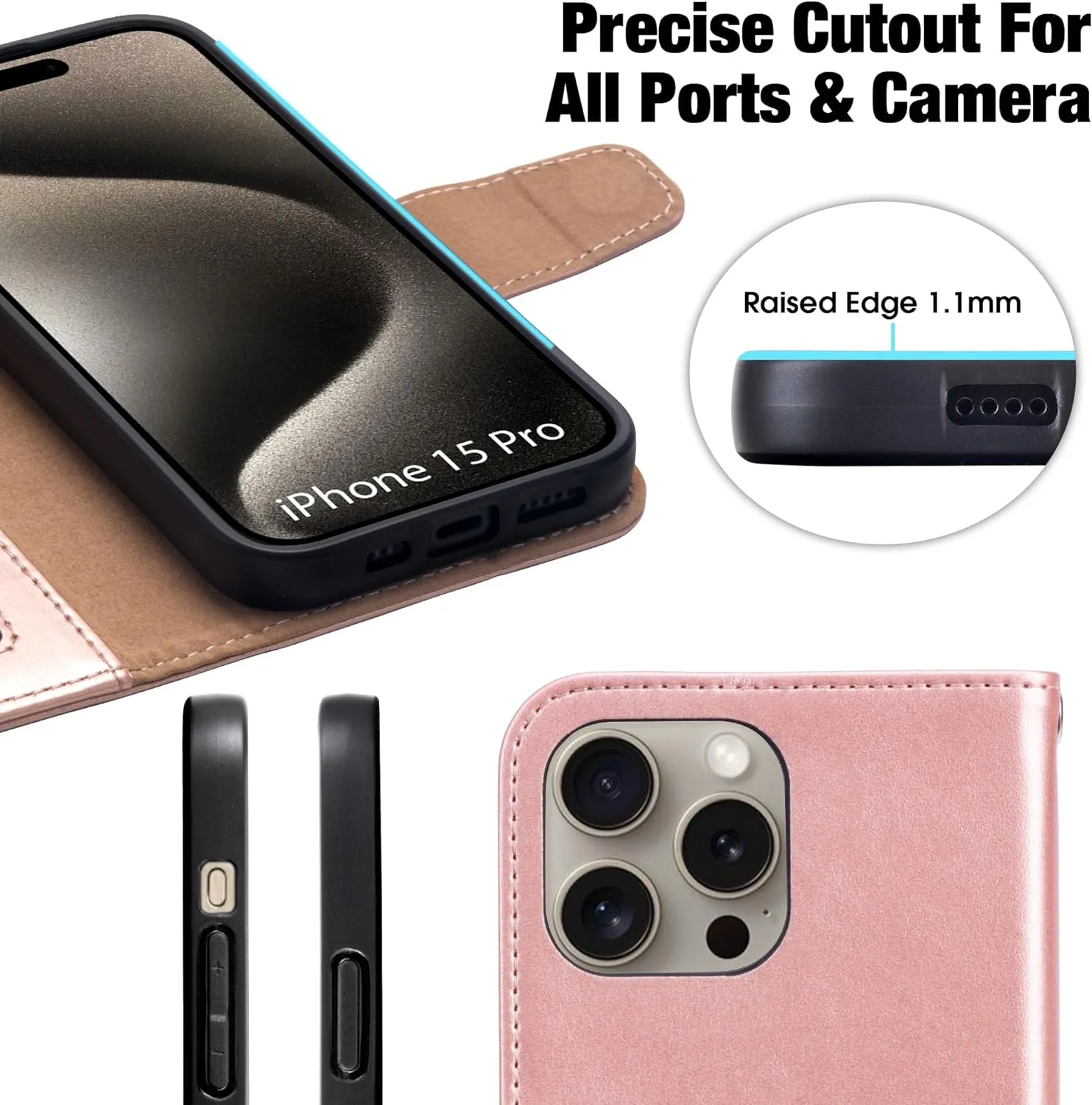 iPhone 15 Pro Case Card Holder Wrist Strap Wallet Flip Cover Rose Gold