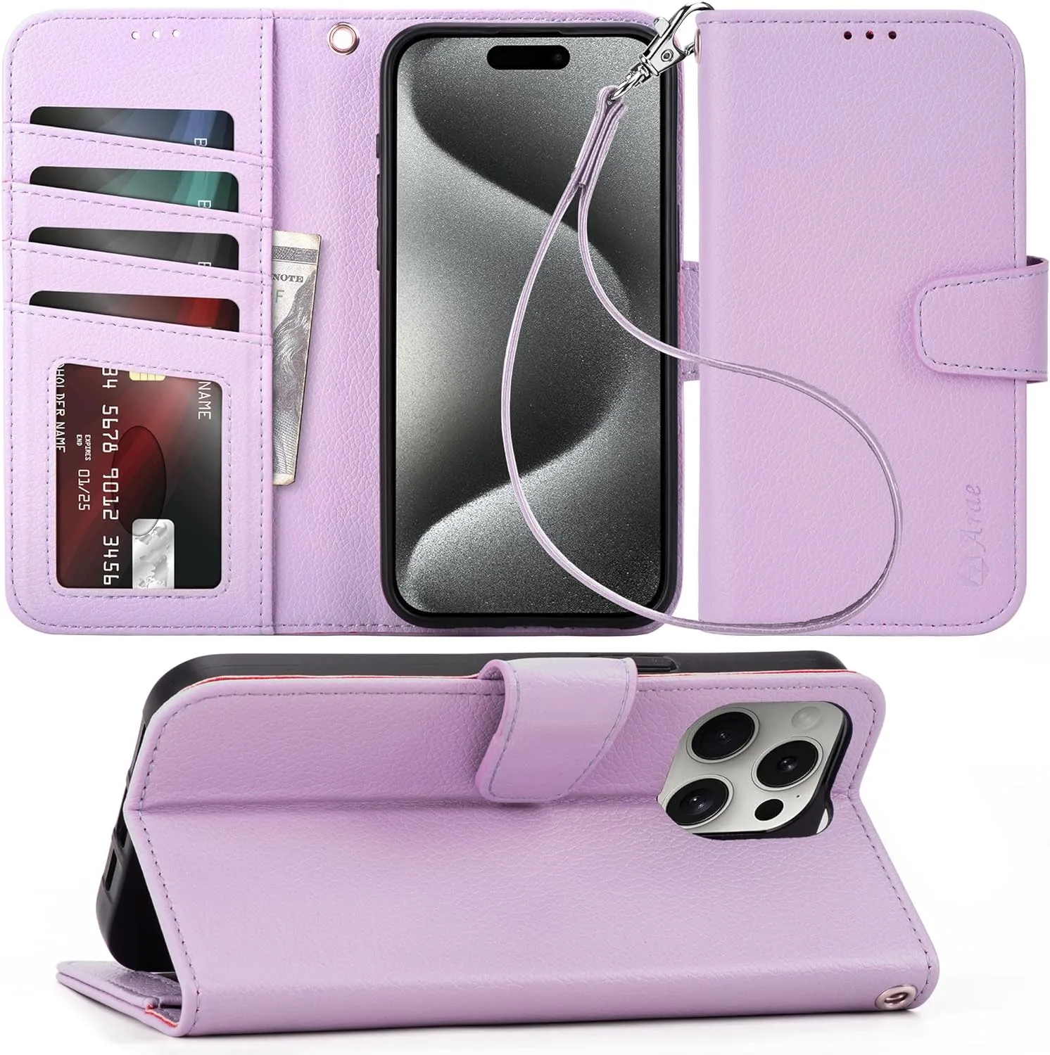 iPhone 15 Pro Case Card Holder Wrist Strap Wallet Flip Cover Rose Gold