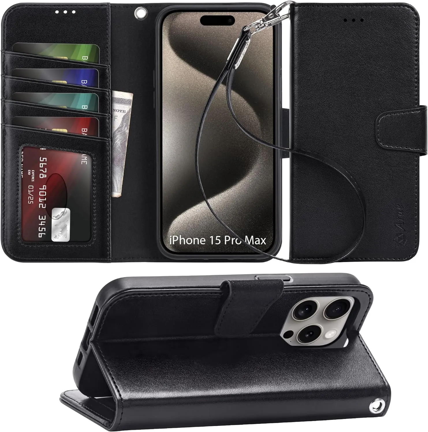 iPhone 16 Pro Max Case Card Holder Wrist Strap Wallet Flip Case