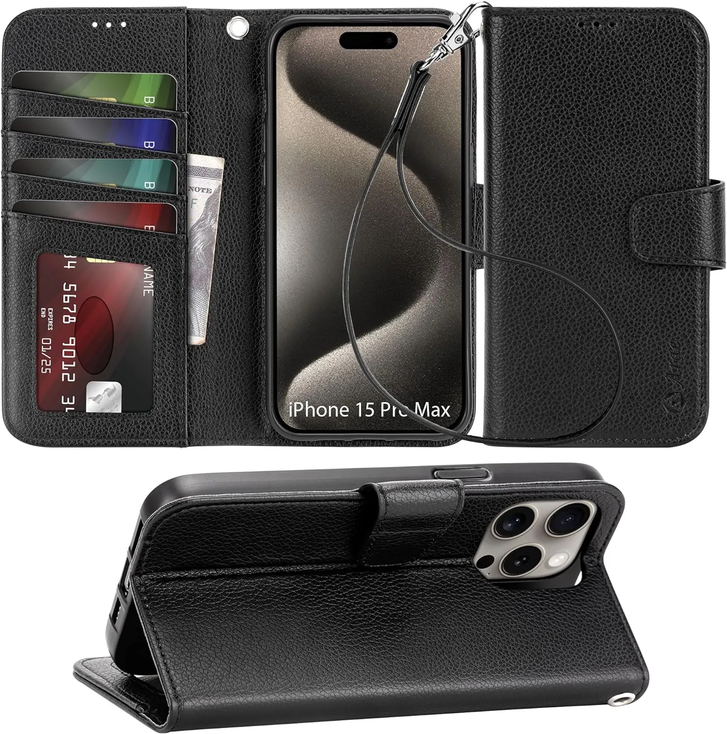 iPhone 16 Pro Max Case Card Holder Wrist Strap Wallet Flip Case