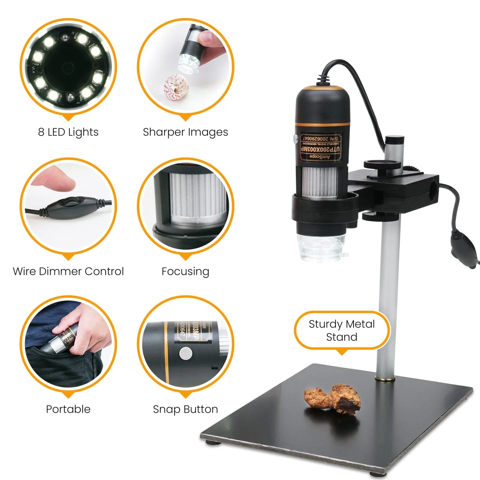 IQCREW by Amscope Kid's 10X-200X 0.3MP Handheld USB Digital Microscope with Look and Learn Rock and Mineral Collecting Activity Kit