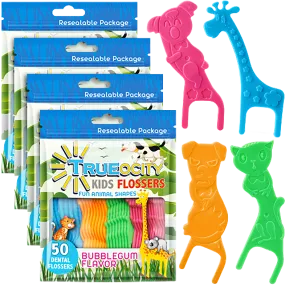 Kids Flossers 4 Pack (200 Total), Cute Animal Shapes Makes Flossing Fun, Kids Floss Picks, Glides Easy Between Teeth, Flosser Helps Prevent Tooth Decay & Gum Disease, Bubble Gum Flavored