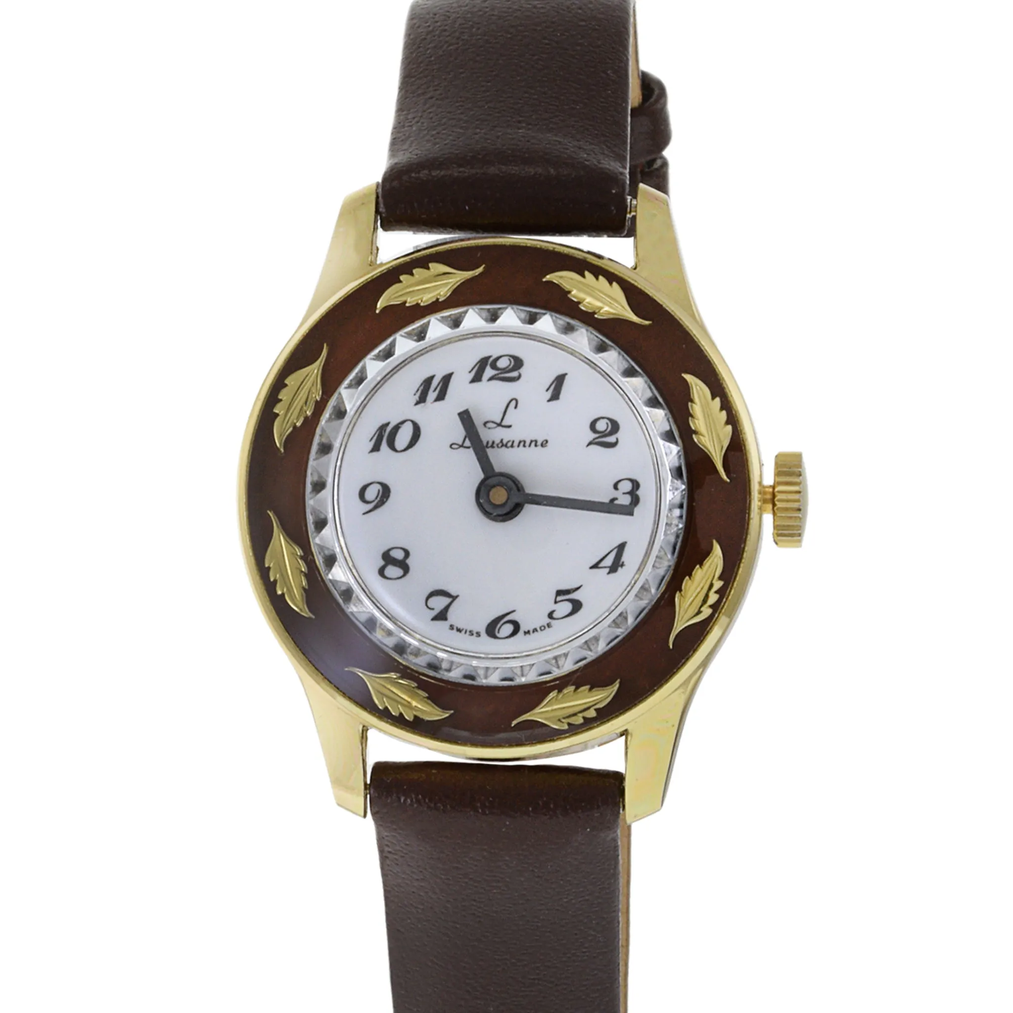 Laussane Gold Top Watch Leaf Pattern Bezel.