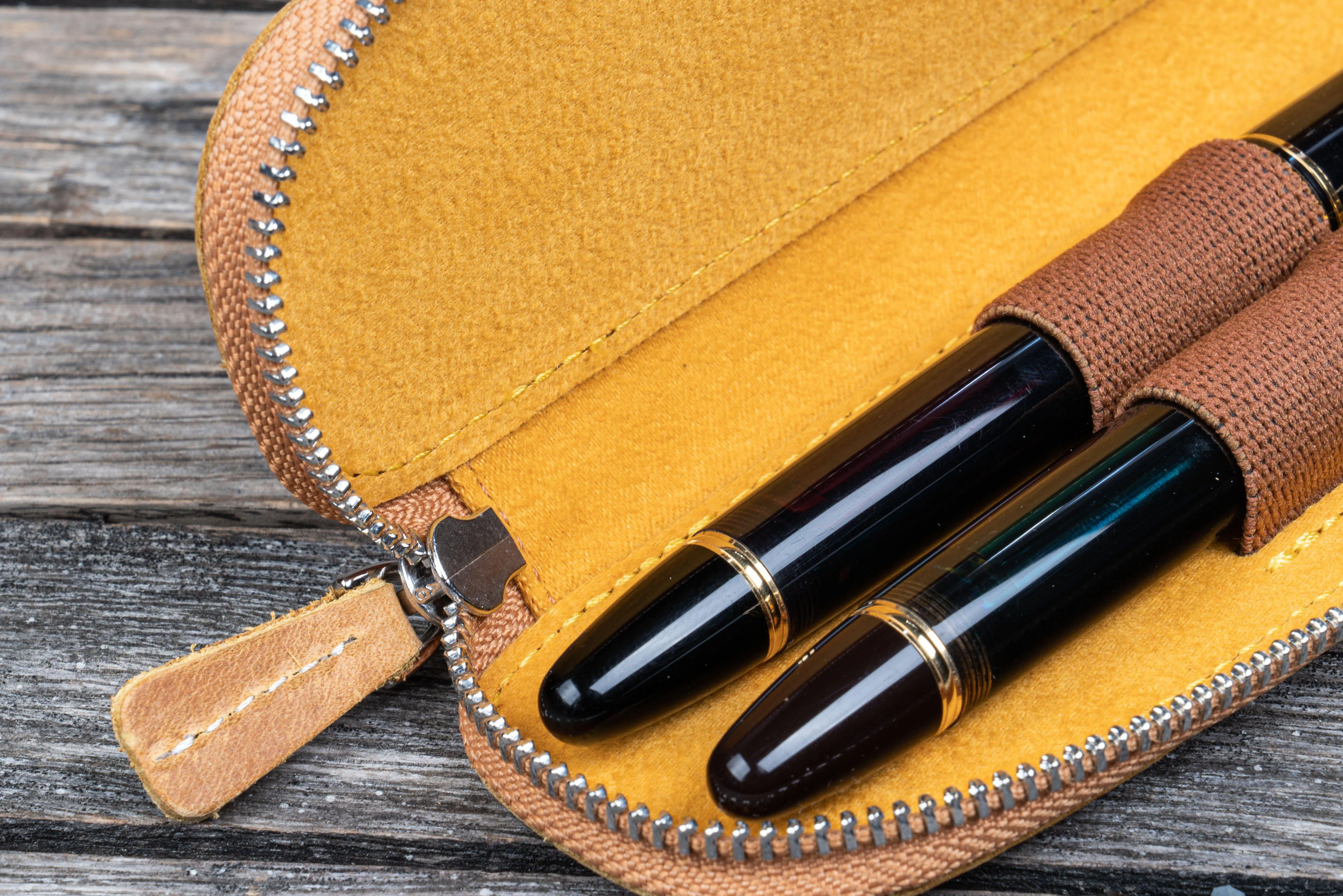 Leather Zippered Duo Slim Pen Case for 2 Pens - Crazy Horse Honey Ochre