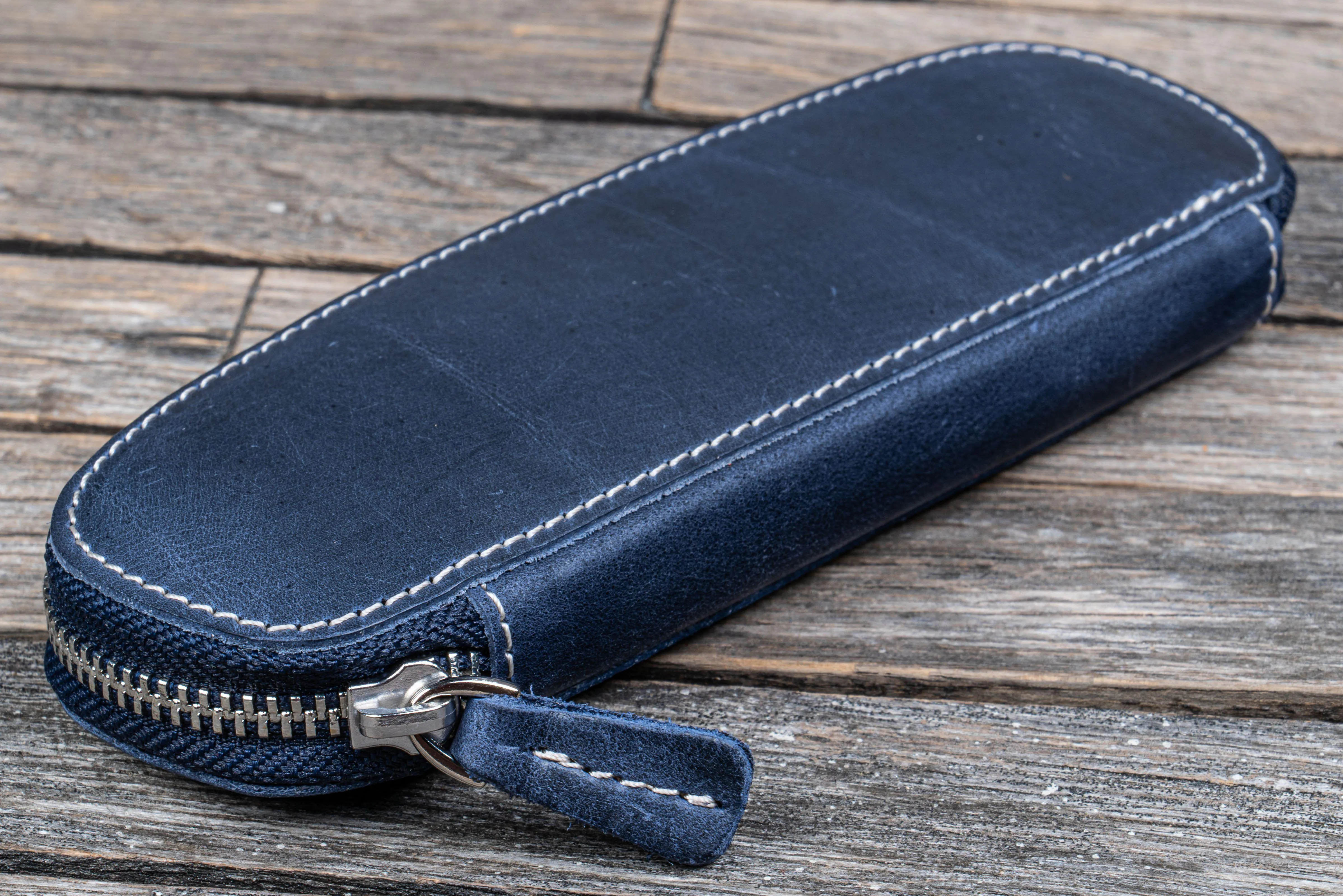 Leather Zippered Duo Slim Pen Case for 2 Pens - Crazy Horse Navy Blue