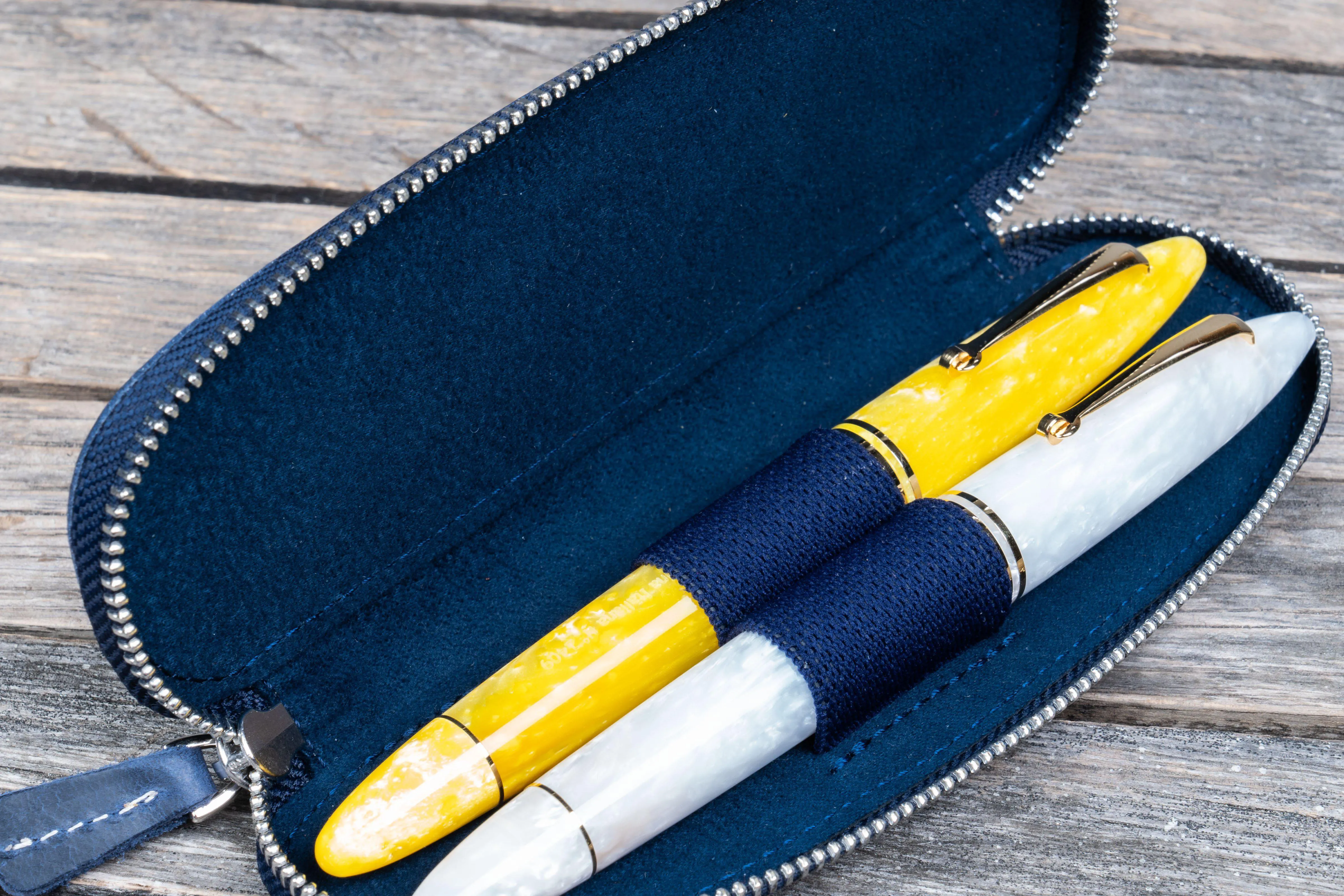 Leather Zippered Duo Slim Pen Case for 2 Pens - Crazy Horse Navy Blue