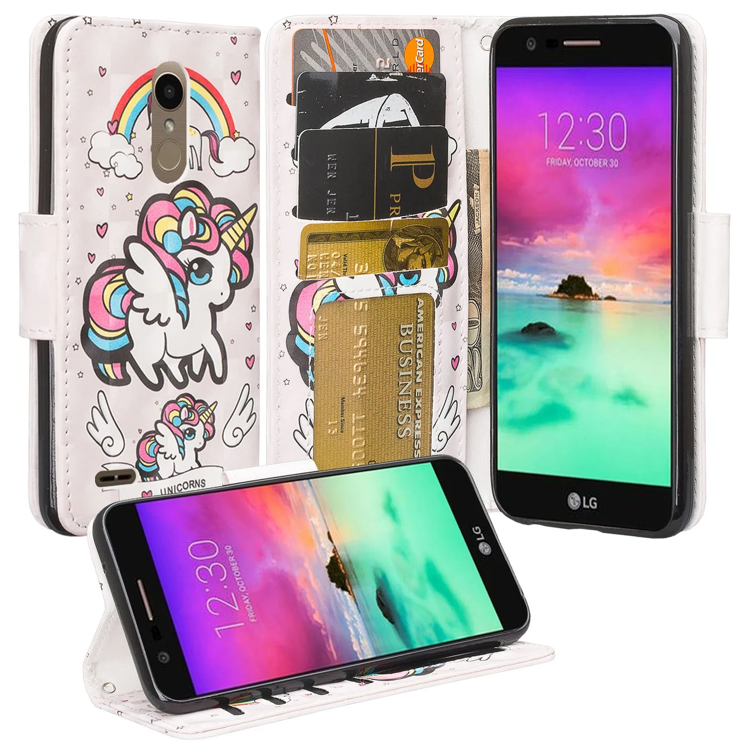 LG K10 (2018) Case, K30, Premier Pro, K10 Plus, Phoenix Plus, Xpression Plus, K10α, X4 Plus, X410, MS245, Slim Magnetic Flip Kickstand Wrist Strap Leather Wallet Cover - White Unicorn 2