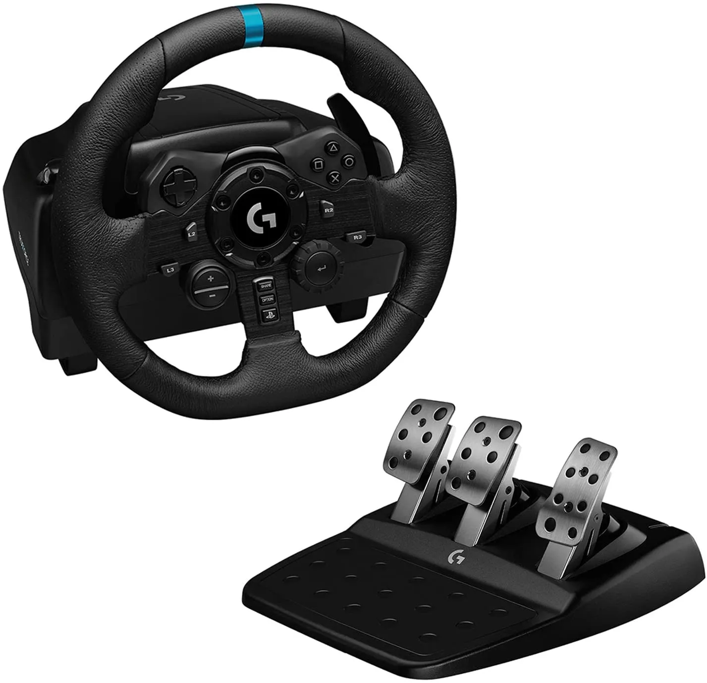 Logitech G923 Racing Wheel and Pedals, TRUEFORCE 1000 Hz Force Feedback, Dual Clutch Launch Control, Genuine Leather Wheel Cover for PS5, PS4, PC