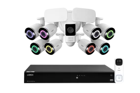 Lorex Fusion Series 4K 16 Camera Capable (Wired or Fusion Wi-Fi) 4TB Wired NVR System with Eight H14 IP Bullet Cameras, One 2K Battery-Operated Doorbell, and One 2K Outdoor Floodlight