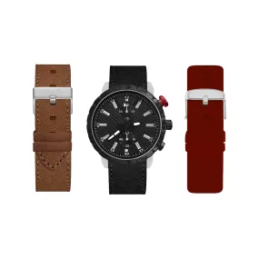 Men's Round Black Case Analog Watch with Burgundy, Brown, and Black Interchangeable Straps