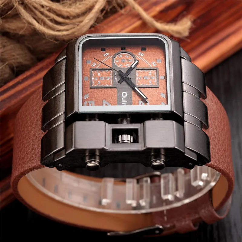 Men's Wrist Watches Luxury Design Oulm Quartz Watch Men Square Dial Leather Strap Male Military Antique Clock