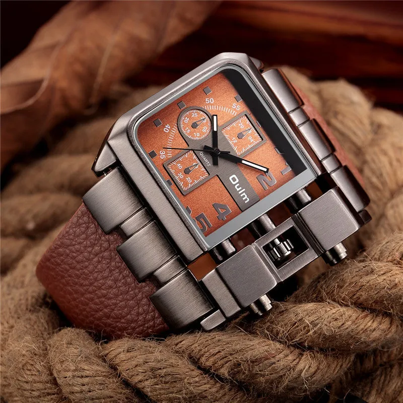 Men's Wrist Watches Luxury Design Oulm Quartz Watch Men Square Dial Leather Strap Male Military Antique Clock