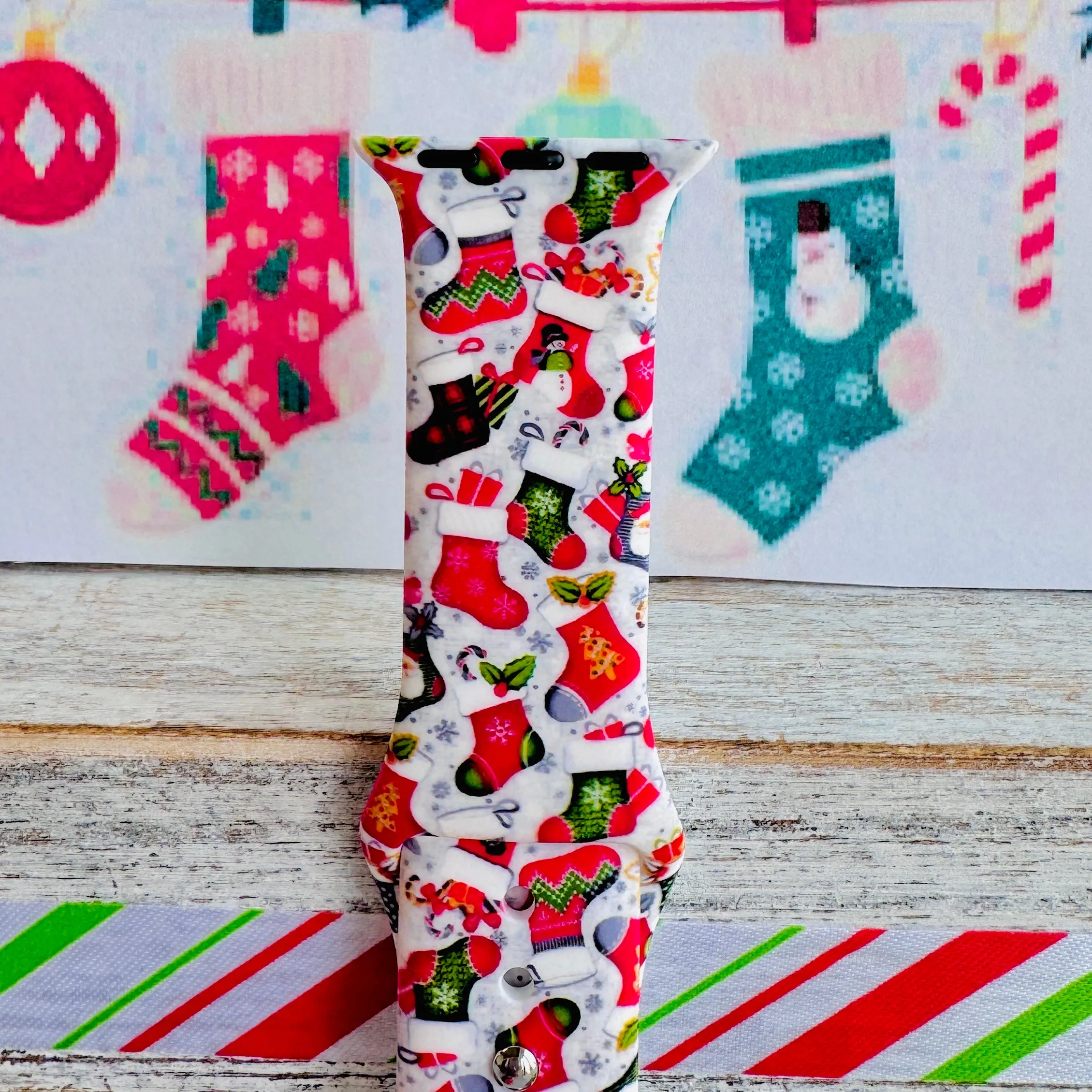 Merry Little Stockings Print Silicone Band For Apple Watch