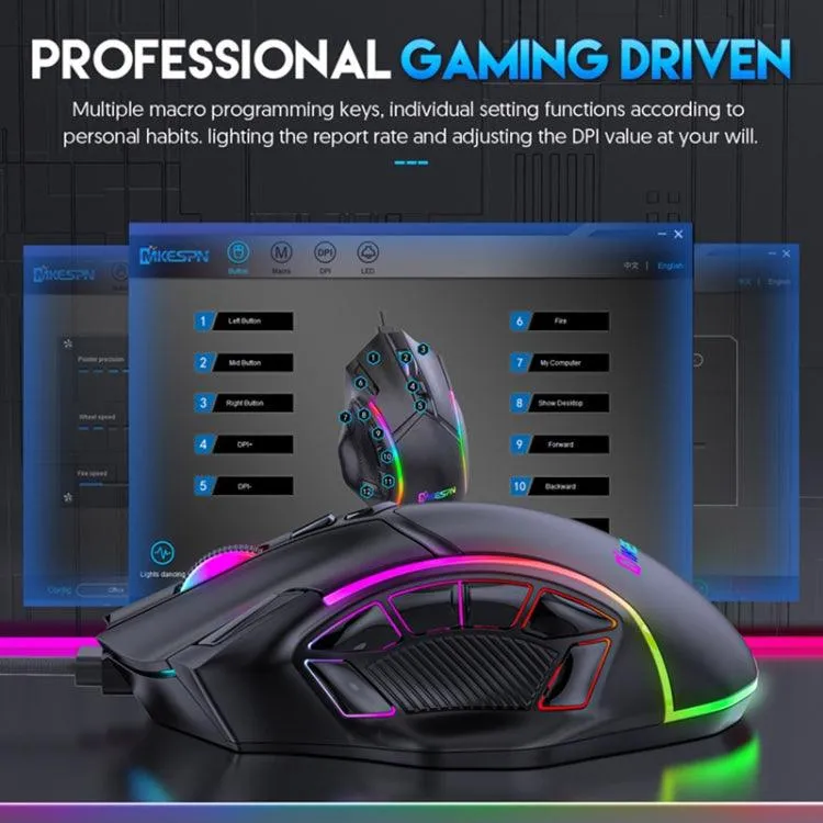 MKESPN X15 High-Performance RGB Wired Gaming Mouse with 12 Programmable Buttons and 12800 DPI