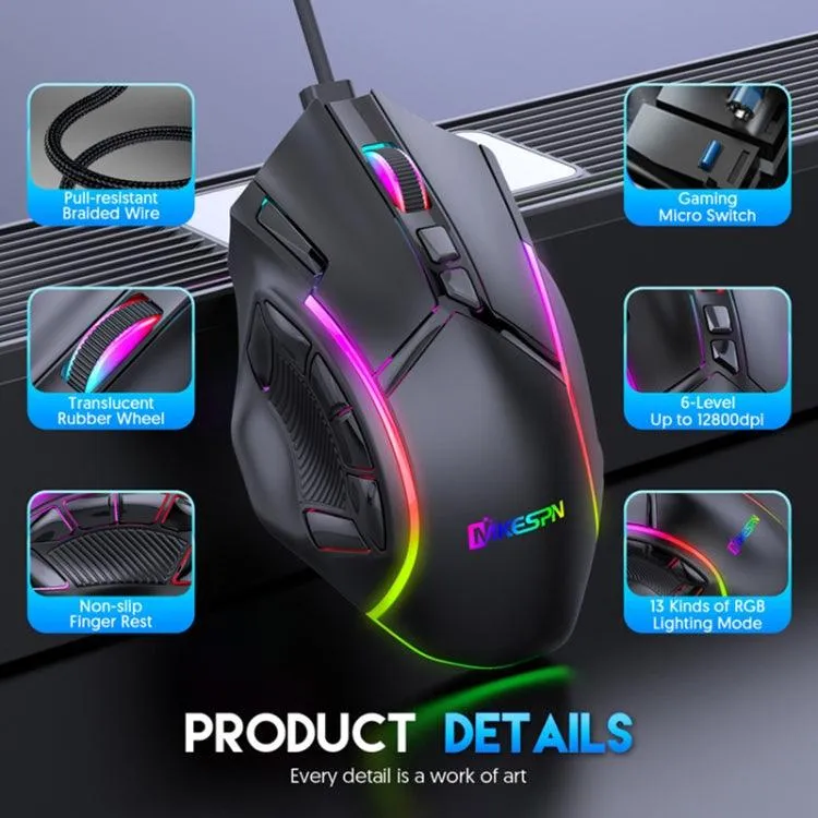 MKESPN X15 High-Performance RGB Wired Gaming Mouse with 12 Programmable Buttons and 12800 DPI