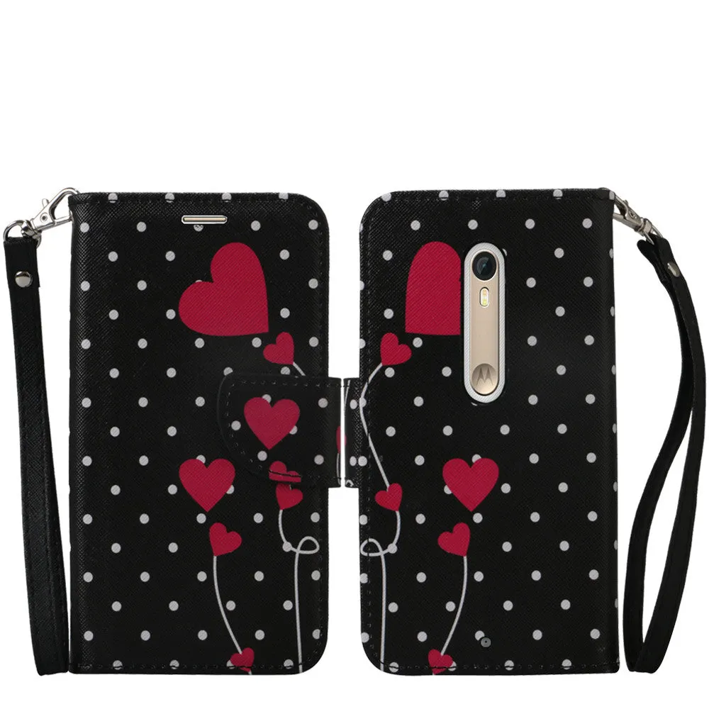 Motorola Moto X Style Case, Wrist Strap Magnetic Flip Fold[Kickstand] Pu Leather Wallet Case with ID & Card Slots - Polka Dot Hearts