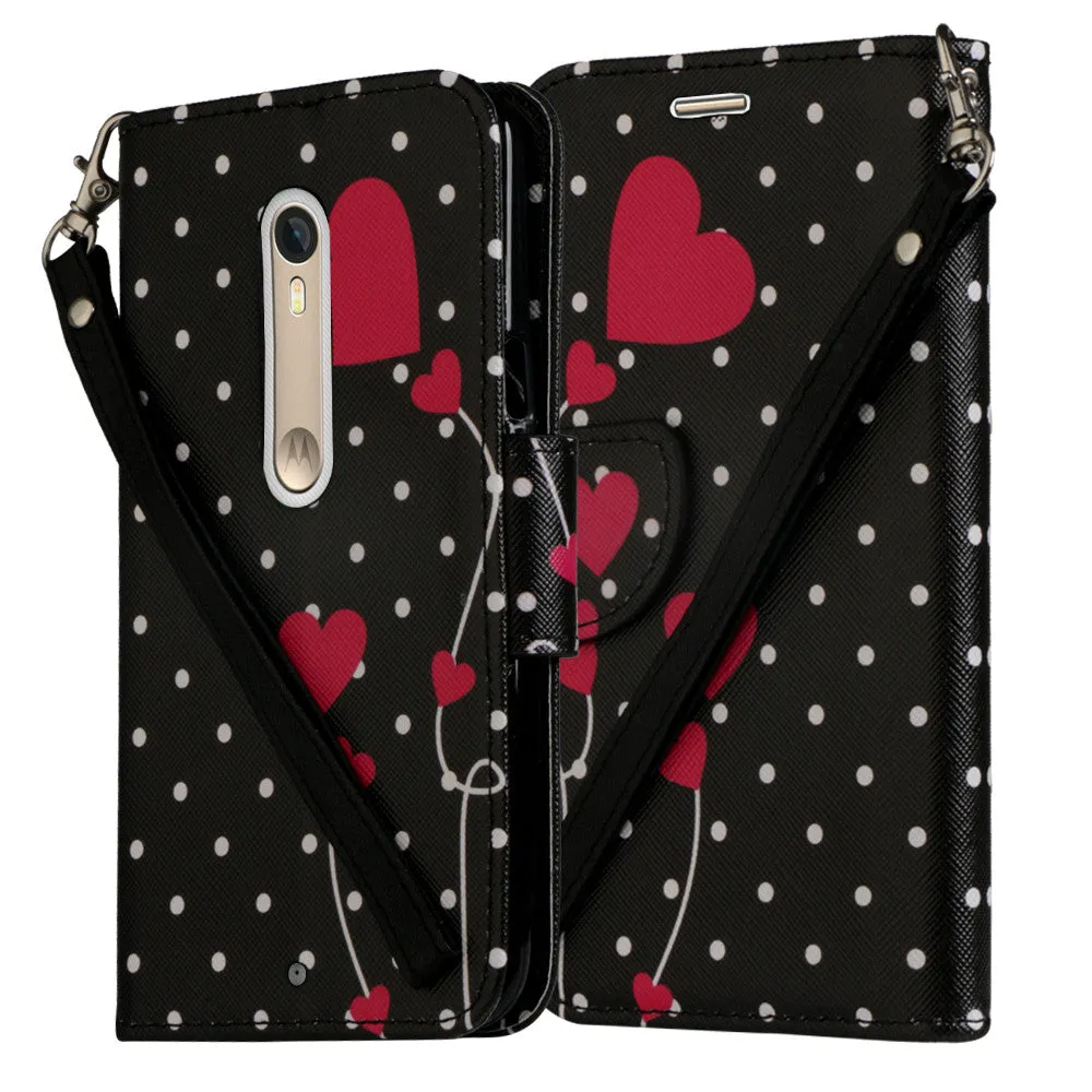 Motorola Moto X Style Case, Wrist Strap Magnetic Flip Fold[Kickstand] Pu Leather Wallet Case with ID & Card Slots - Polka Dot Hearts