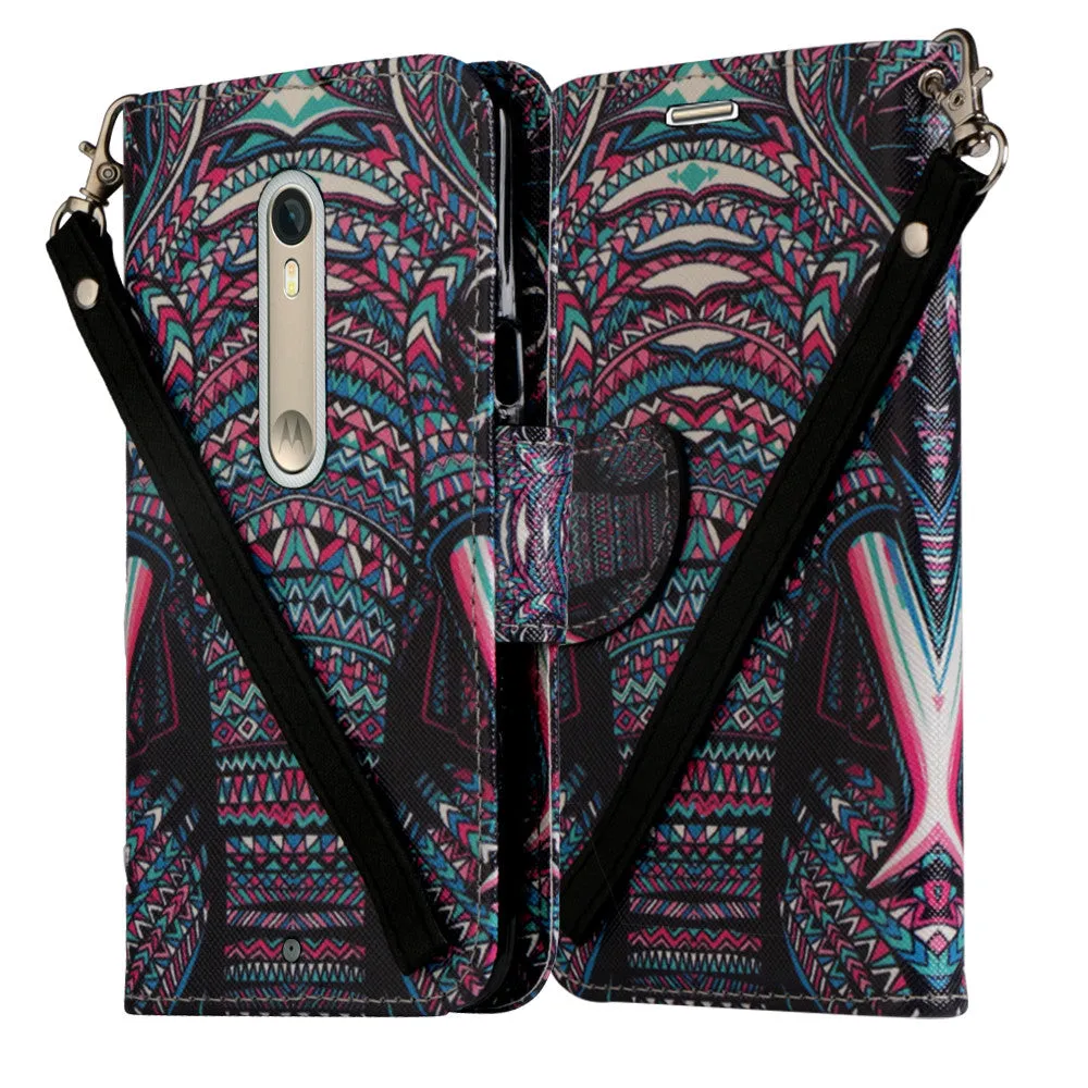 Motorola Moto X Style Case, Wrist Strap Magnetic Flip Fold[Kickstand] Pu Leather Wallet Case with ID & Card Slots - Tribal Elephant