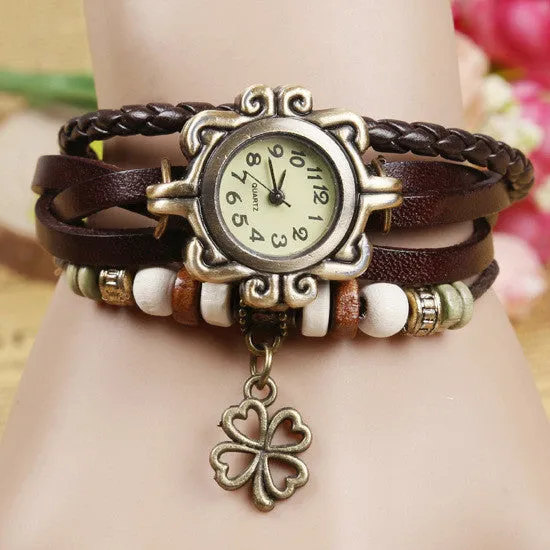 New Fashion Leather Watch Four Leaf Clover Pendant Quartz Watches Women Vintage Hand Knit Ladies Bracelet Watch