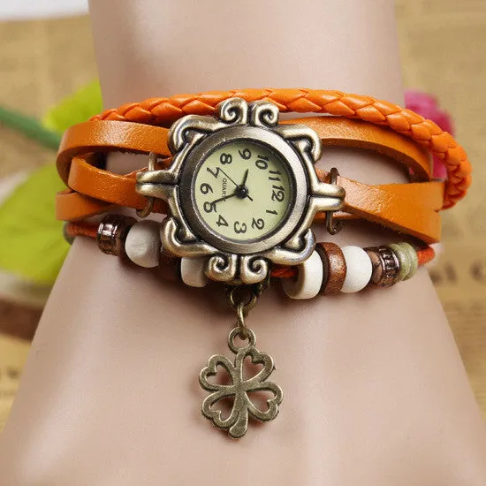 New Fashion Leather Watch Four Leaf Clover Pendant Quartz Watches Women Vintage Hand Knit Ladies Bracelet Watch