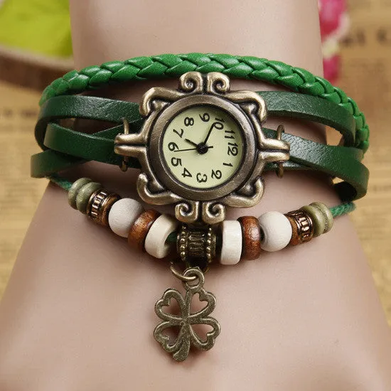 New Fashion Leather Watch Four Leaf Clover Pendant Quartz Watches Women Vintage Hand Knit Ladies Bracelet Watch