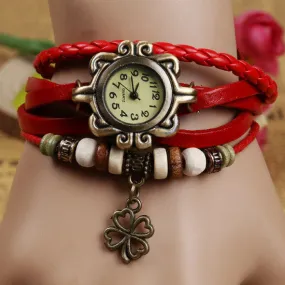 New Fashion Leather Watch Four Leaf Clover Pendant Quartz Watches Women Vintage Hand Knit Ladies Bracelet Watch