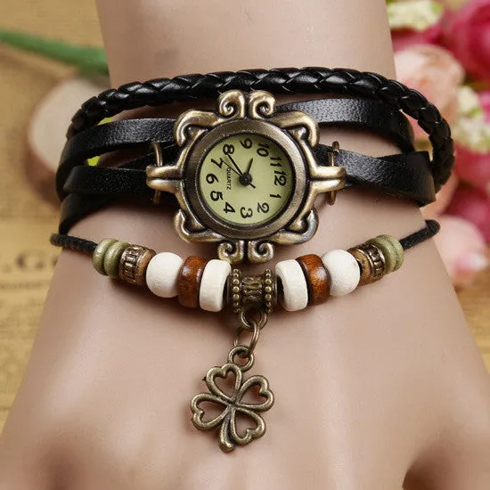 New Fashion Leather Watch Four Leaf Clover Pendant Quartz Watches Women Vintage Hand Knit Ladies Bracelet Watch