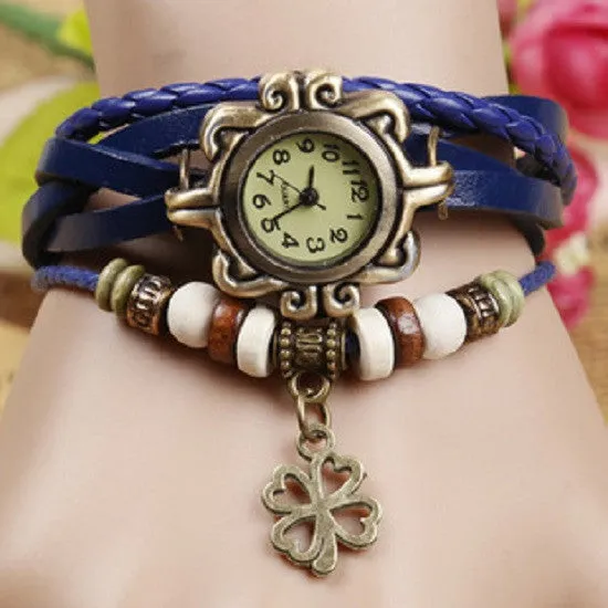 New Fashion Leather Watch Four Leaf Clover Pendant Quartz Watches Women Vintage Hand Knit Ladies Bracelet Watch