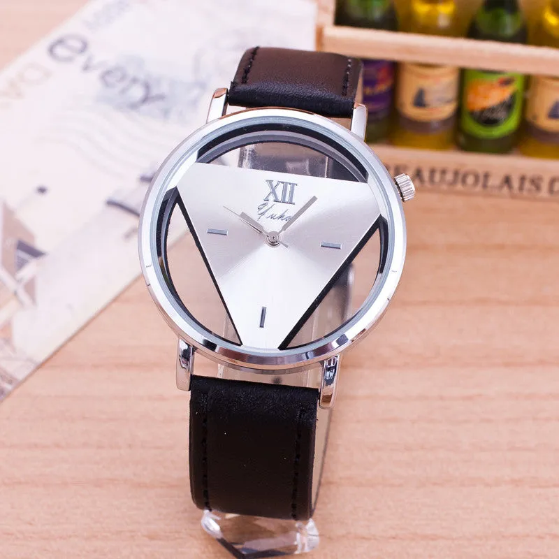 New Fashion Trendy High quality Inverted Triangle Women dress watch Rounded Wristwatches for unisex men leather strap watch