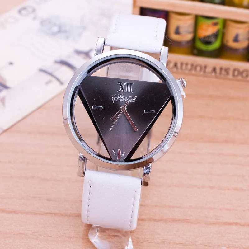 New Fashion Trendy High quality Inverted Triangle Women dress watch Rounded Wristwatches for unisex men leather strap watch