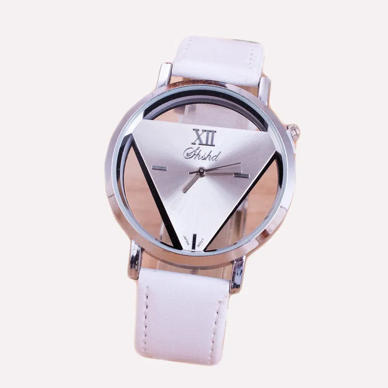 New Fashion Trendy High quality Inverted Triangle Women dress watch Rounded Wristwatches for unisex men leather strap watch