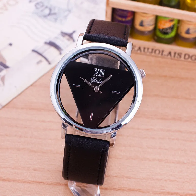 New Fashion Trendy High quality Inverted Triangle Women dress watch Rounded Wristwatches for unisex men leather strap watch