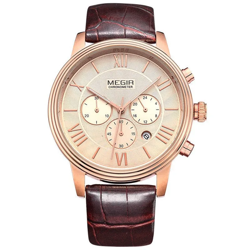 Orginal MEGIR Chronograph 6 Hands 24 Hours Function Men Top Luxury Brand Watch Genuine Leather Men Business Watch Casual Watch