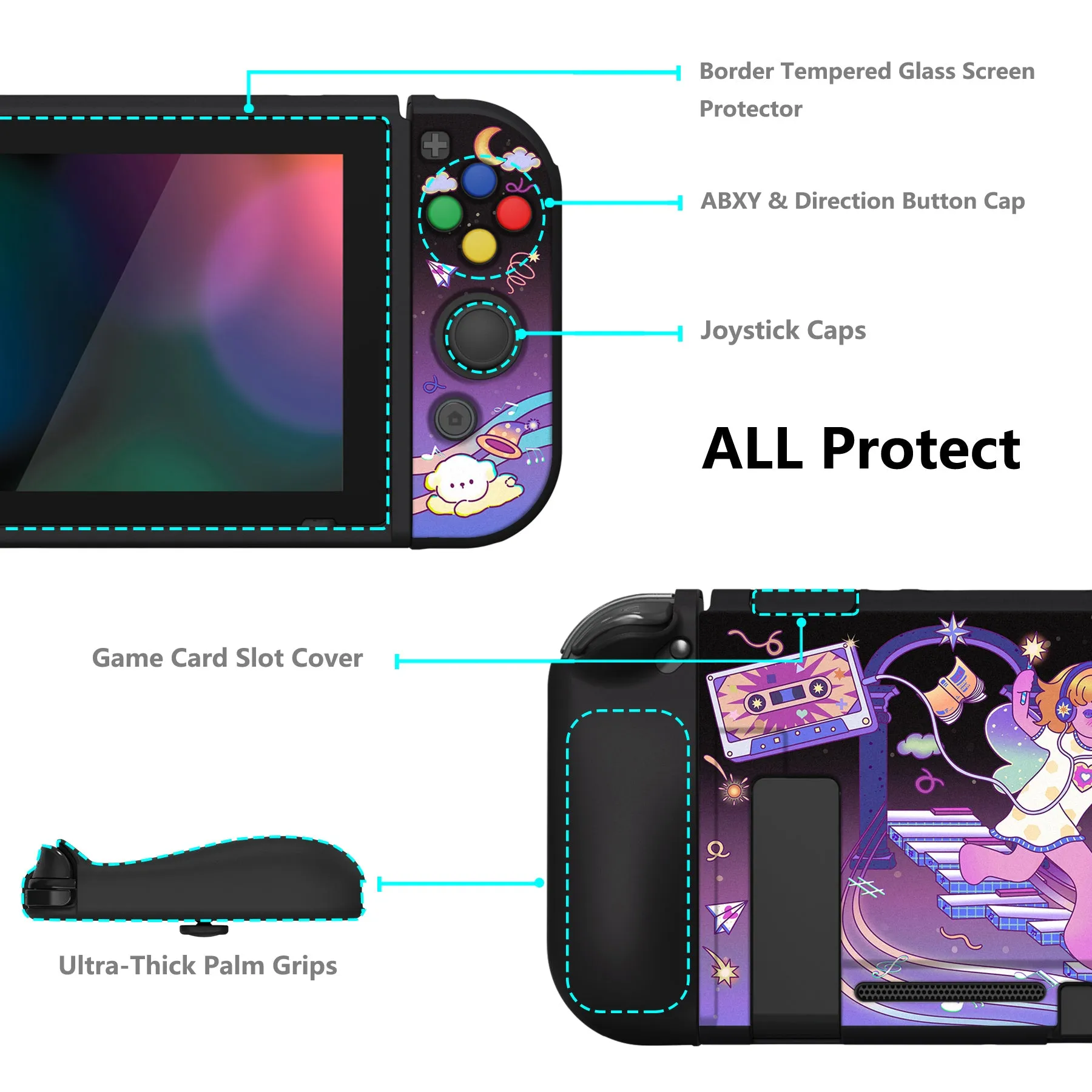 PlayVital ZealProtect Soft Protective Case for Nintendo Switch, Flexible Cover for Switch with Tempered Glass Screen Protector & Thumb Grips & ABXY Direction Button Caps - Dancing Notes - RNSYV6049