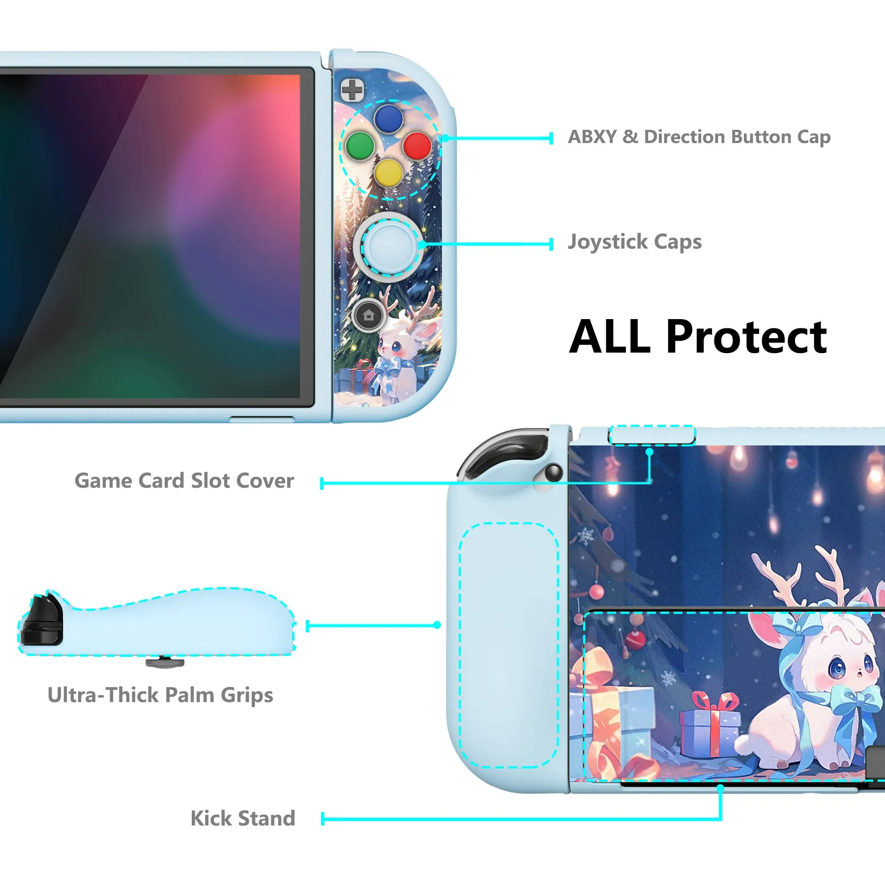 PlayVital ZealProtect Soft Protective Case for Switch OLED, Flexible Protector Joycon Grip Cover for Switch OLED with Thumb Grip Caps & ABXY Direction Button Caps - Santa Deer - XSOYV6044