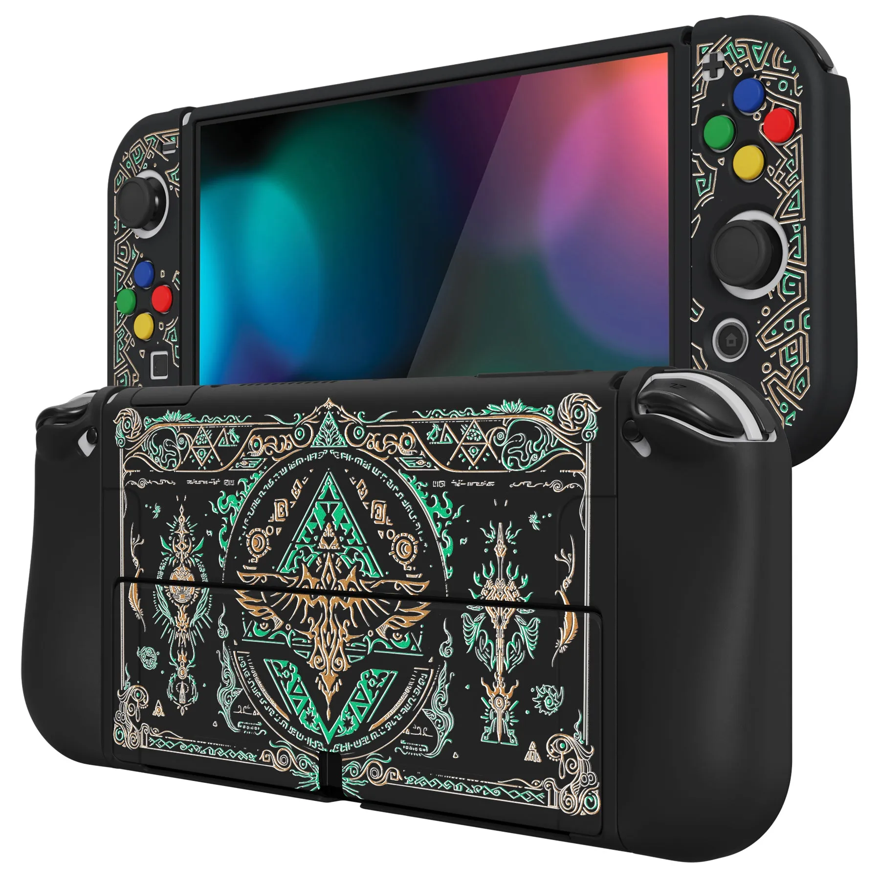 PlayVital ZealProtect Soft Protective Case for Switch OLED, Flexible Protector Joycon Grip Cover for Switch OLED with Thumb Grip Caps & ABXY Direction Button Caps - Totem of Kingdom - XSOYV6028