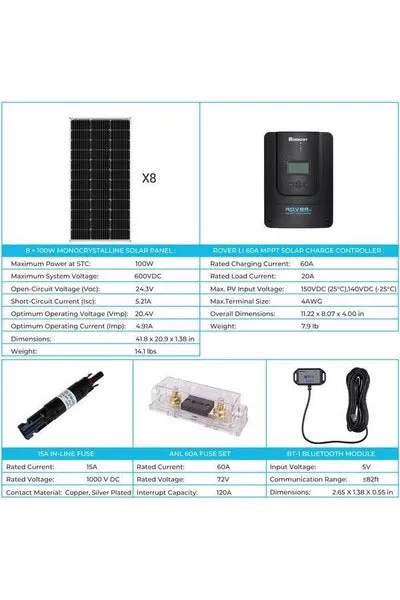 Renogy 800W 12V/24V Monocrystalline Premium Solar Kit with Rover 60A Charger Controller