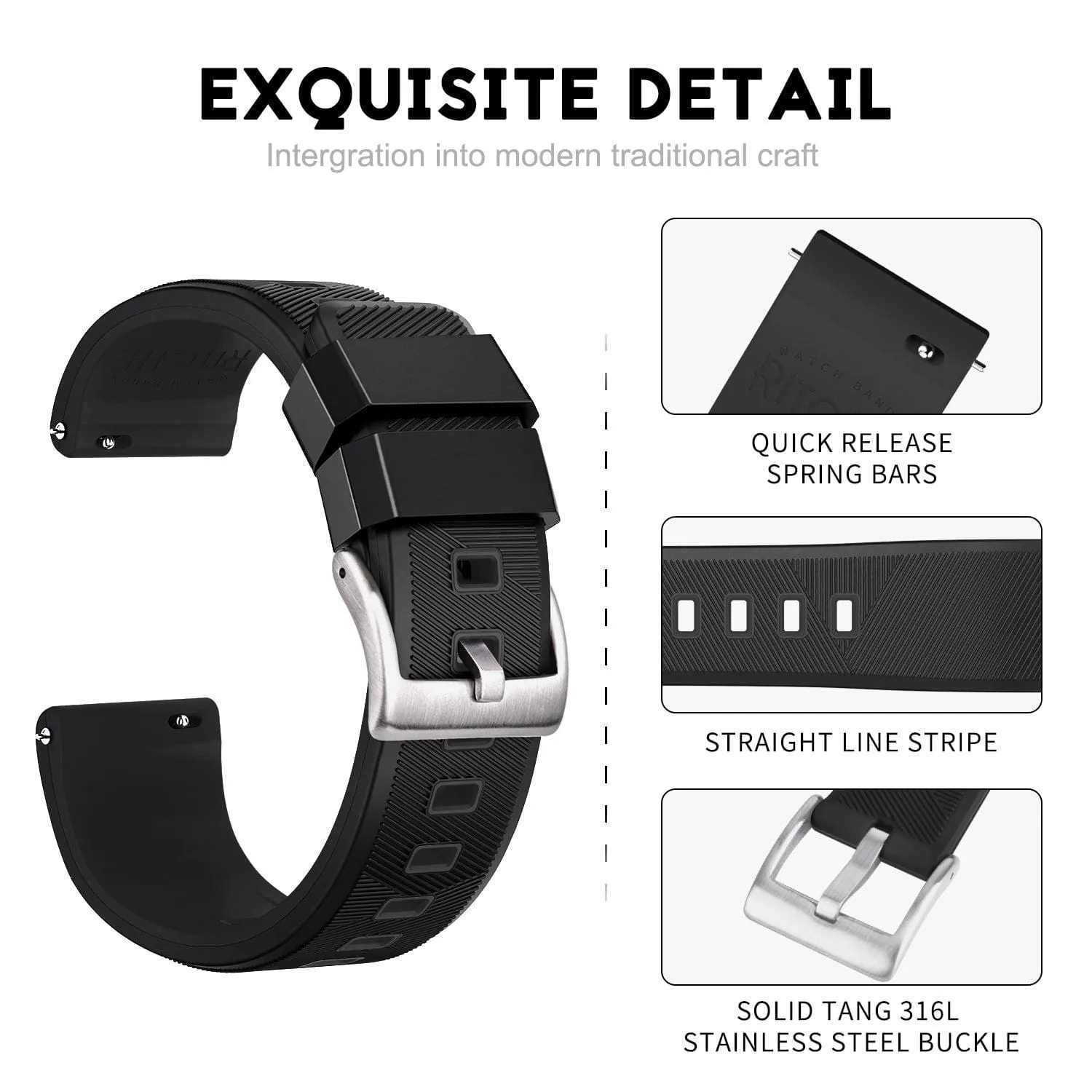 Ritche Sports Silicone Quick Release Watch Bands-Black/Silver Buckle