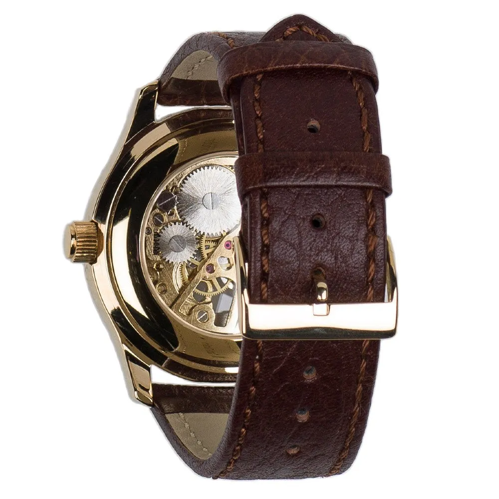 Royal Observatory Greenwich Skeleton Gold Plate Watch with Brown Strap