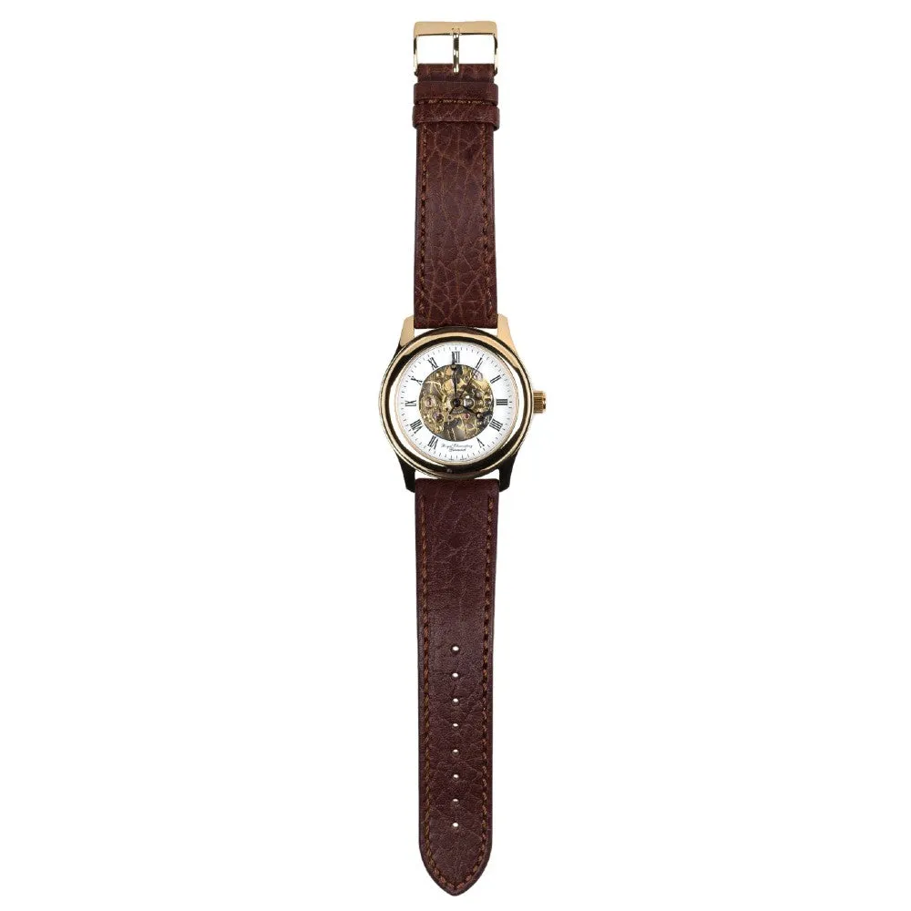 Royal Observatory Greenwich Skeleton Gold Plate Watch with Brown Strap