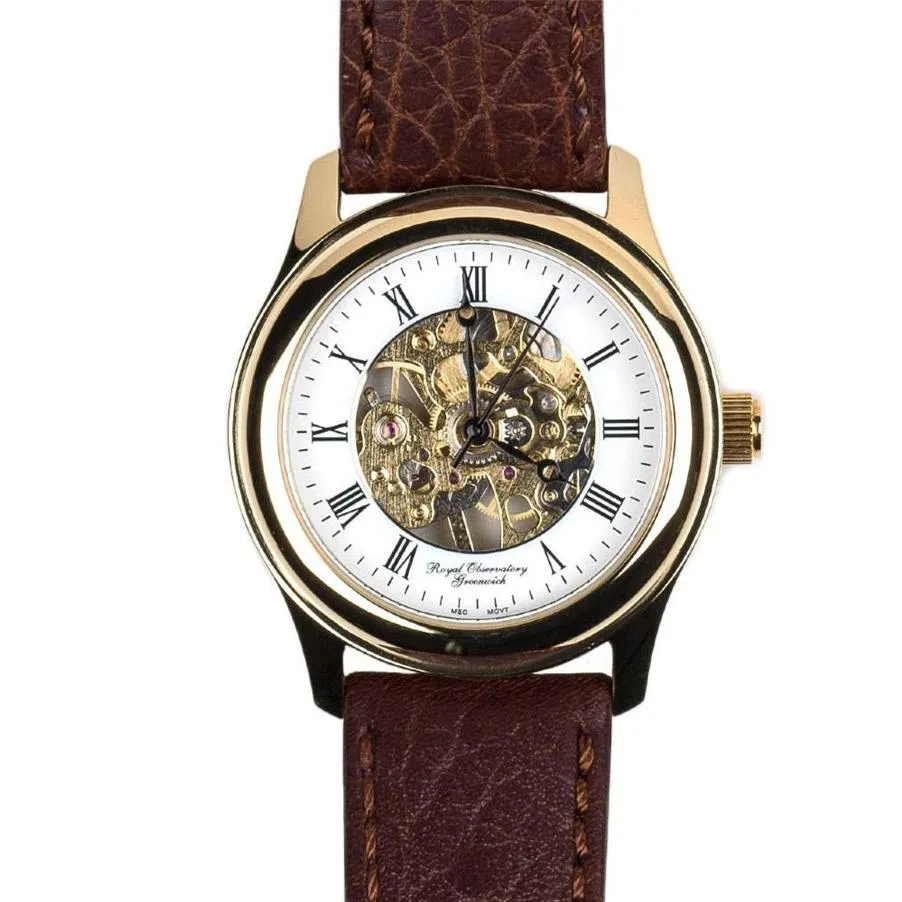 Royal Observatory Greenwich Skeleton Gold Plate Watch with Brown Strap