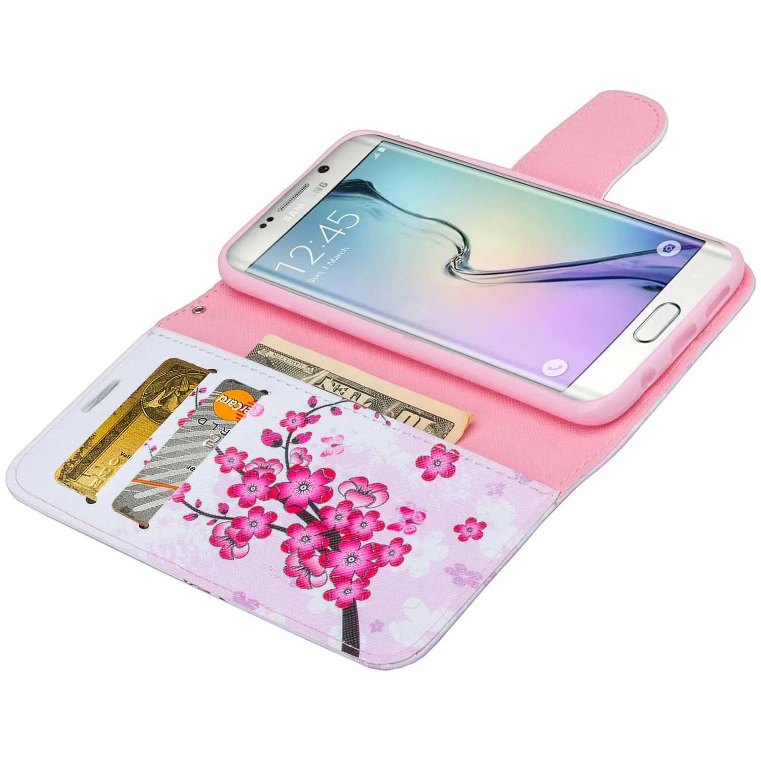 Samsung Galaxy S7 Wallet Case, Wrist Strap Pu Leather Magnetic Flip Fold[Kickstand] with ID & Card Slots for Galaxy S7 - Cherry Blossom